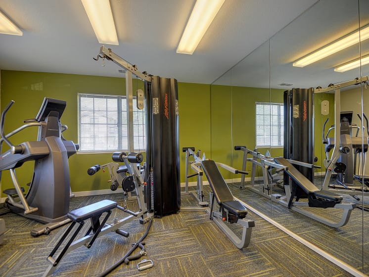 Fitness Center with Mirrors, Green Wall, Treadmills, Ellipticals, and Carpet